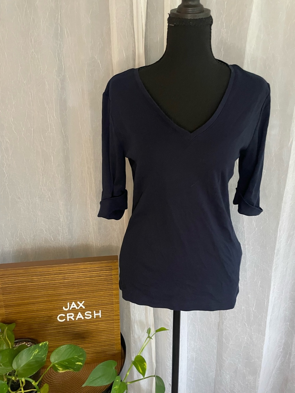 Ralph Lauren Navy V-Neck 3/4 Sleeve Knit Top